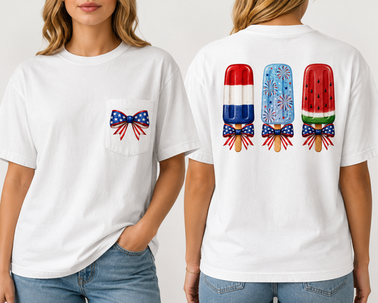 Patriotic Popsicle Tee — American Flag Bow 4th of July Shirt